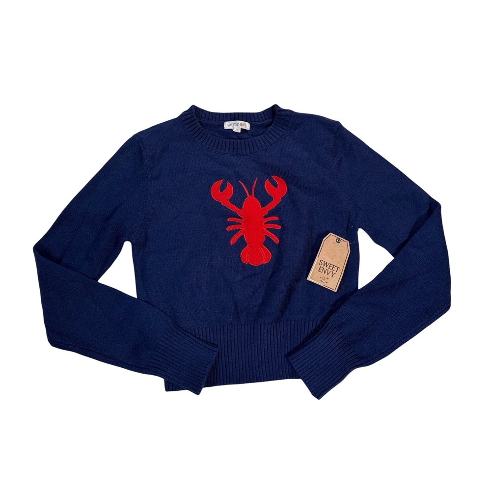 Navy Crewneck Sweater with Red Lobster Motif
